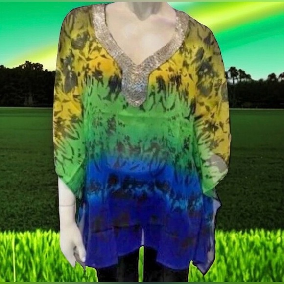 Joan Boyce Multi Color Chiffon Tunic V-Neck w/Silver Beaded Trim Missy NWT $99 - Picture 14 of 15